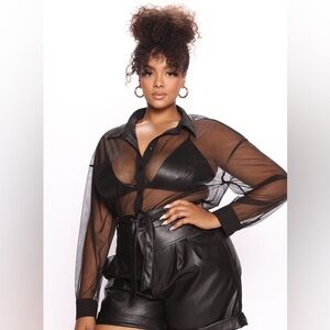 NWT Fashion Nova Black Sheer 2 Piece Button-Down Collared Body Suit Size Small
